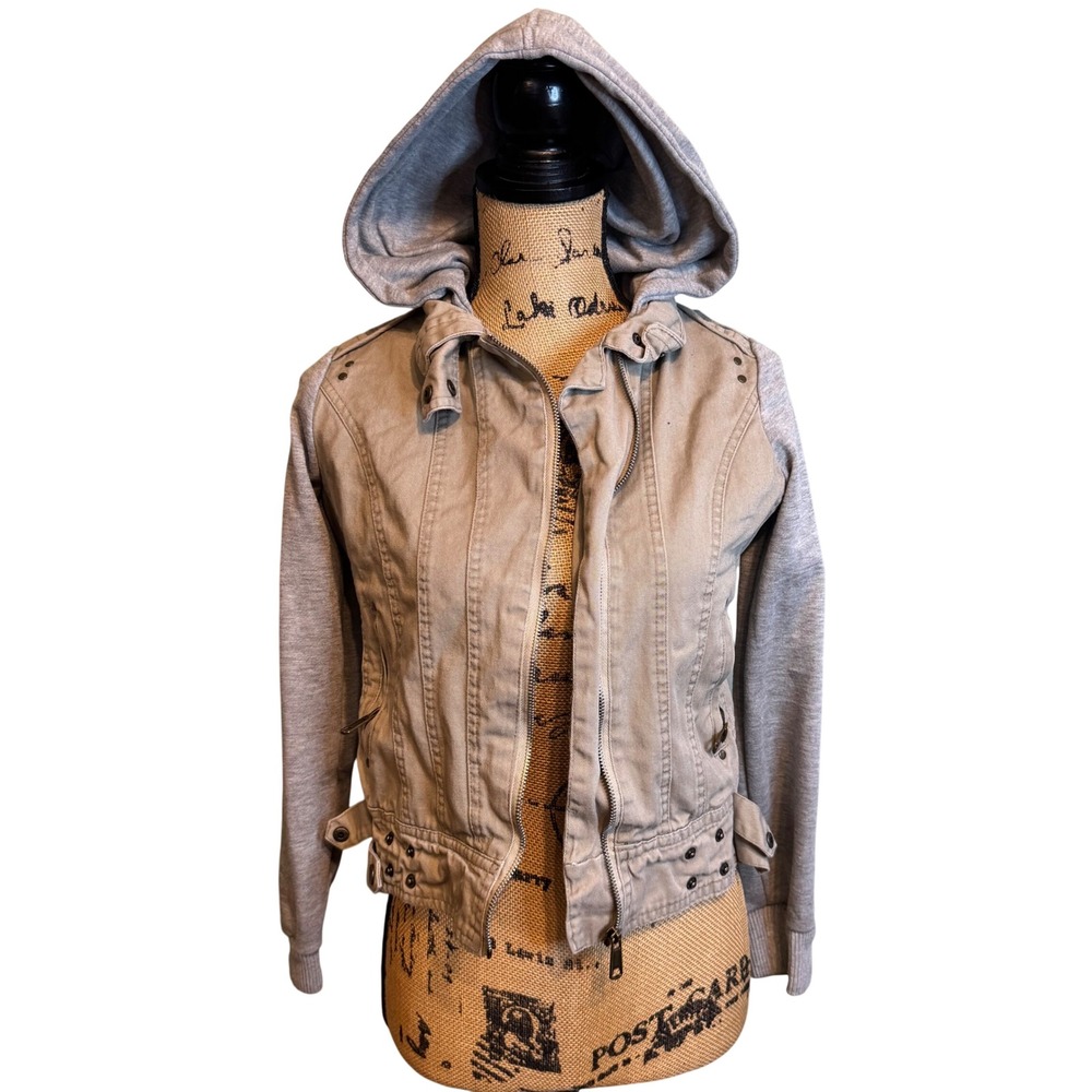 Rue21 Womens Travel‎ Hooded Zip Up Outdoor Utility Moto Jacket Green Grey Medium